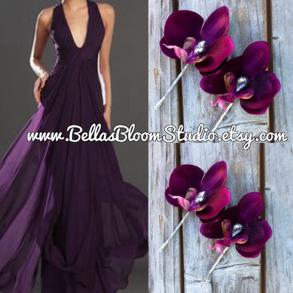 Mariage - Mini Bridal hair pins,Purple orchid headpiece, set 2 , Plum hairpiece, Small Purple Hair Pins , purple Fascinator,Rhinestone hair pin etsy