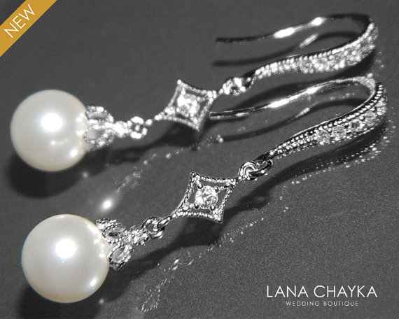 زفاف - White Pearl Small Bridal Earrings Swarovski 8mm Pearl CZ Earrings Bridal Pearl Drop Earrings Dangle Pearl Earrings Bridal Pearl Jewelry