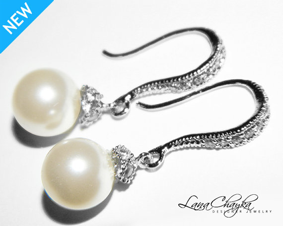 Mariage - Ivory Pearl Bridal Small Earrings Drop Pearl Earrings Bridal Jewelry Wedding Silver CZ Earrings Swarovski Pearl Earrings FREE US Shipping