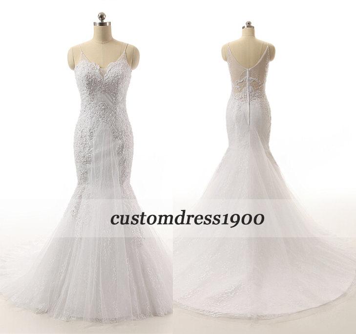 Hochzeit - Ivory White Exquisite Spaghetti Strap Mermaid Wedding Dress Handmade Beading Tulle Sweep Train Wedding Gowns Bridal Dress