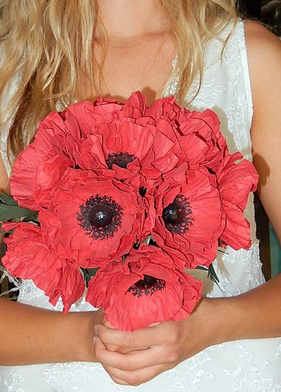 Wedding - Paper Poppy Wedding Bouquet - Red Poppies - Wedding Poppies  - Paper Flower Poppies -  Crimson Poppy - Poppies/Anemone - Custom Colors