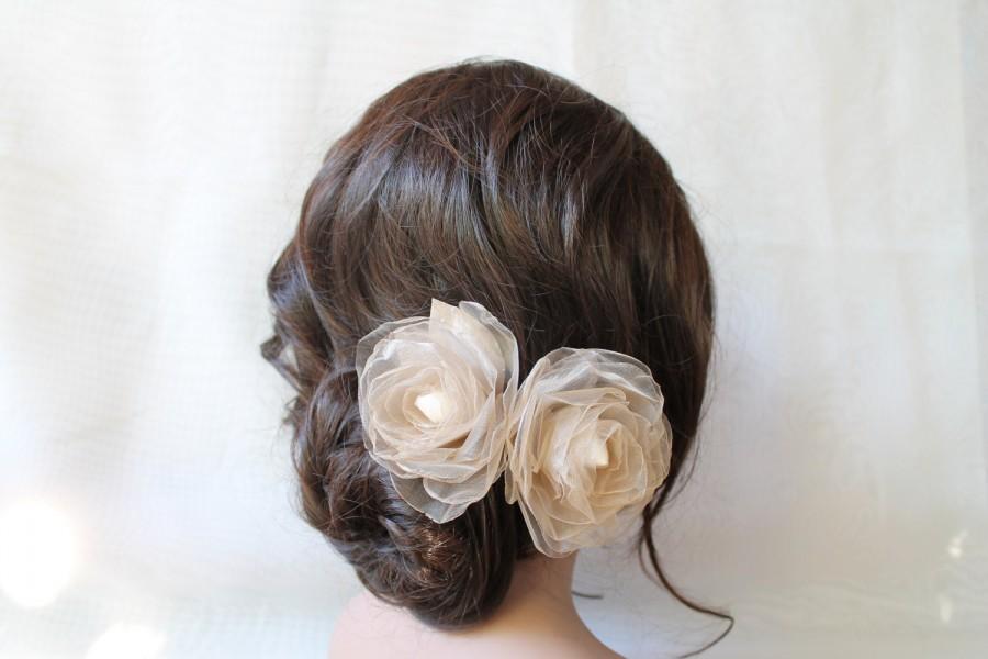 Wedding - Bridal Ivory Organza  Hair Clips with  Bloom Flowers Set  of Two, Wedding Hair Fascinator