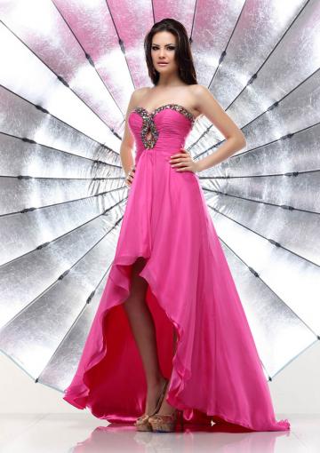 Mariage - Crystals Sweetheart Ruched Chiffon High Low Fuchsia