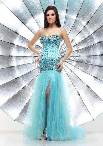Mariage - Sweetheart Blue Crystals Split Front Chiffon Tulle Floor Length