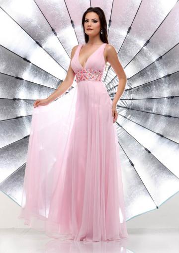 زفاف - V-neck Crystals Pink Sleeveless Chiffon Floor Length
