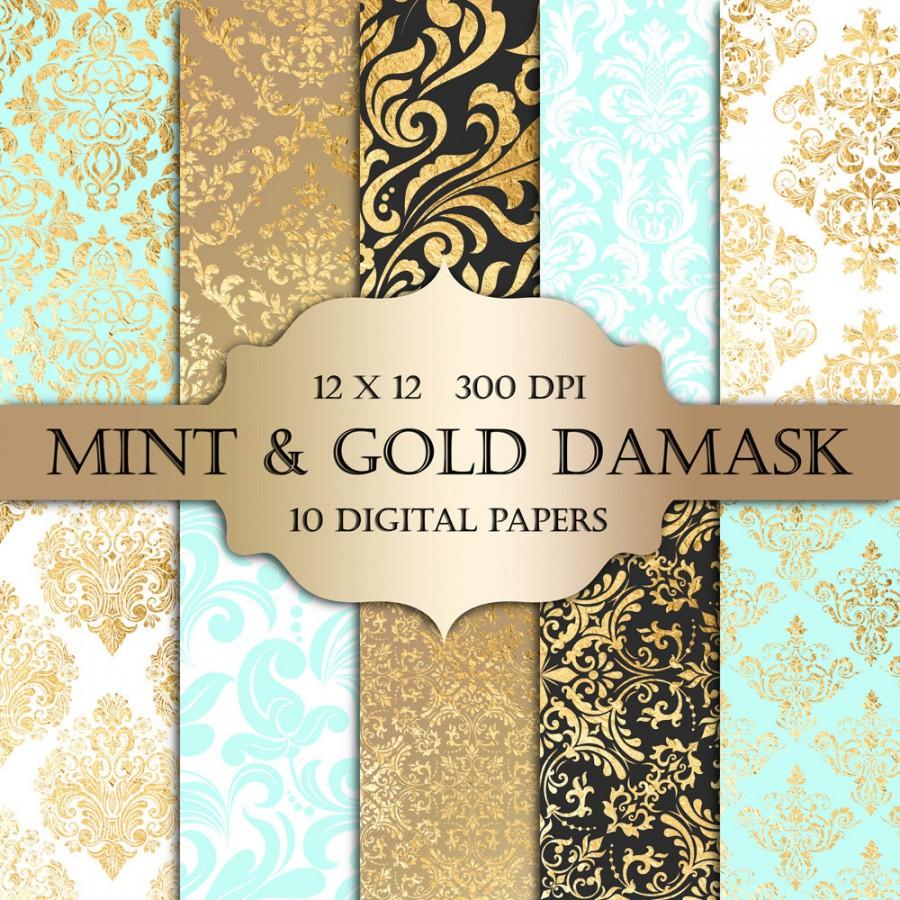 Wedding - Mint & Gold Foil Damask Digital Paper - mint gold damask metallic printable backgrounds scrapbooking wedding invitations cards