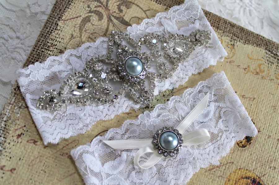 Mariage - Rhinestone Blue Pearl beaded applique Wedding garter set. Bridal crystal Something Blue stretch lace garter set.  BIJOUX BLUE