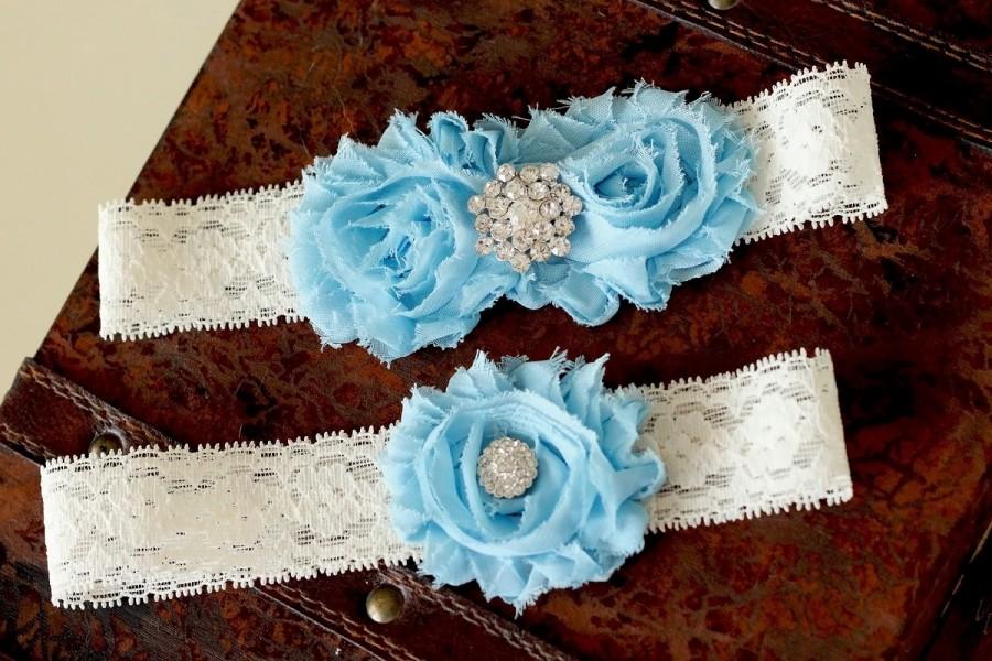 Hochzeit - SALE!!! Blue Garter, Wedding garter, Ivory and blue garter set, Vintage garter set