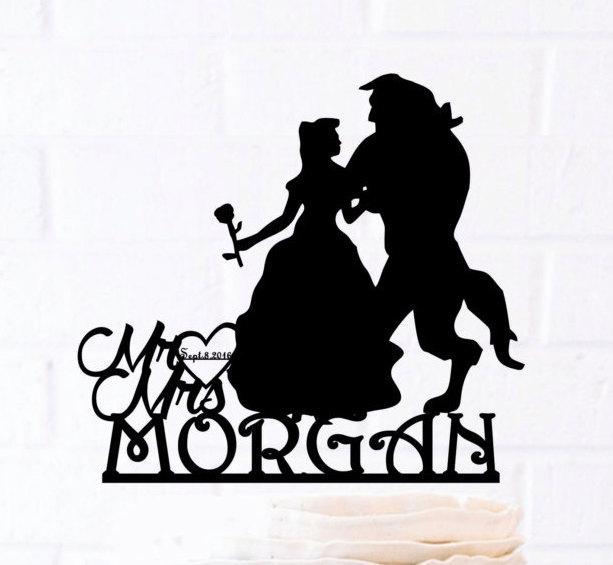 Hochzeit - Bride and Groom, Beauty And Beast, Custom Cake Topper, Disney Style Cake Topper, Wedding Cake Topper, Cake Decor, Silhouette Bride and Groom