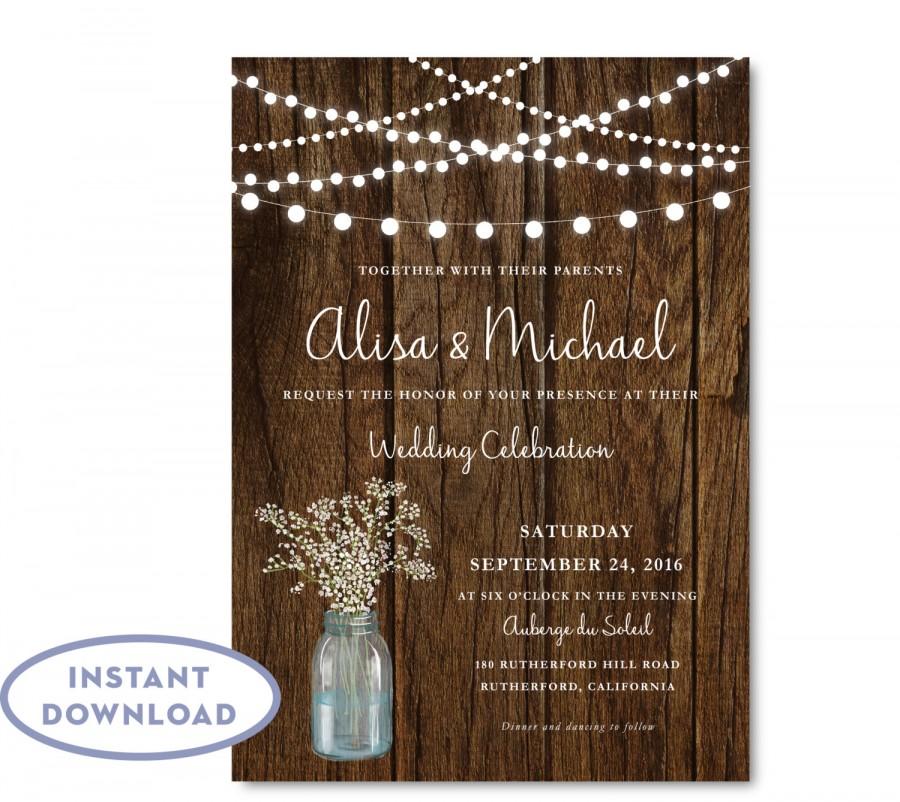 Wedding - Rustic Babys Breath Wedding Invitation INSTANT DOWNLOAD, String Lights Wedding Invitation, Word Editable Text, Fall Wedding, Twinkle Lights