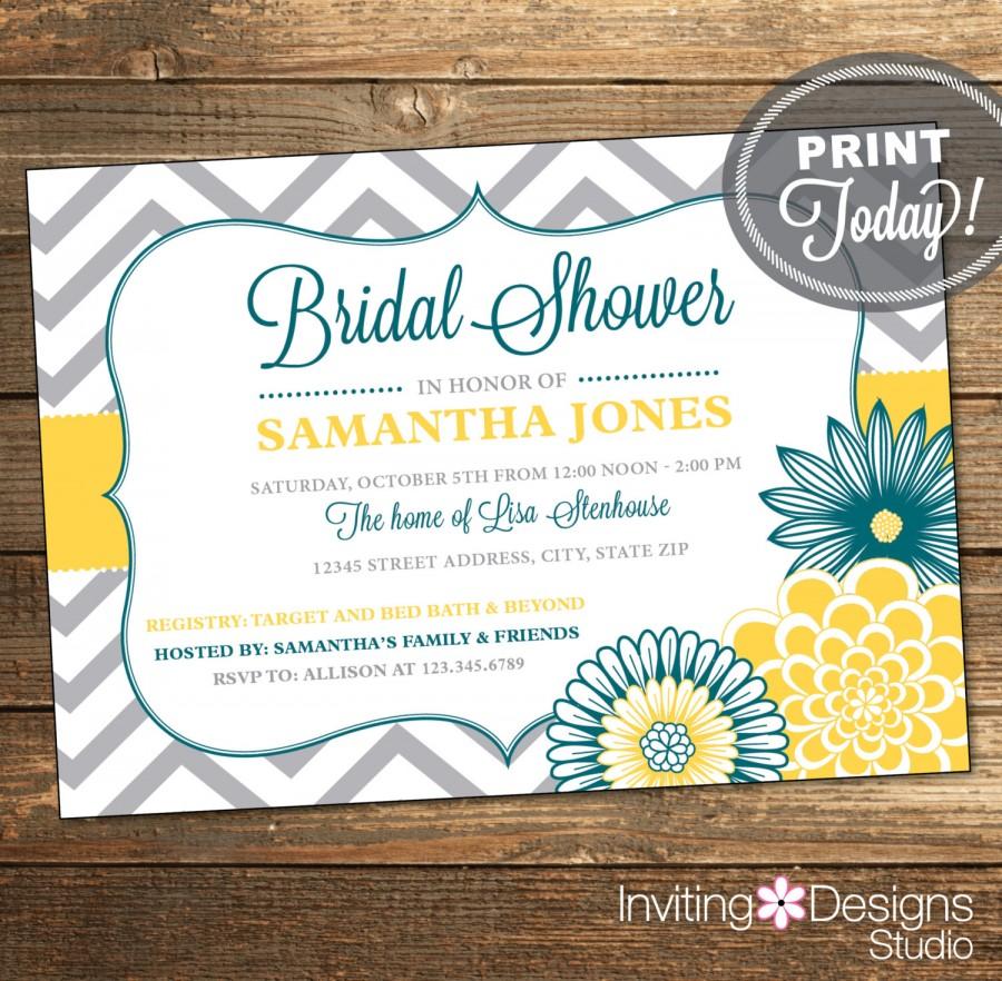 Mariage - Wedding Shower Invitation, Bridal Shower Invitation, Chevron, Floral, Teal, Yellow, Gray, Grey, Printable (Custom Order, INSTANT DOWNLOAD)