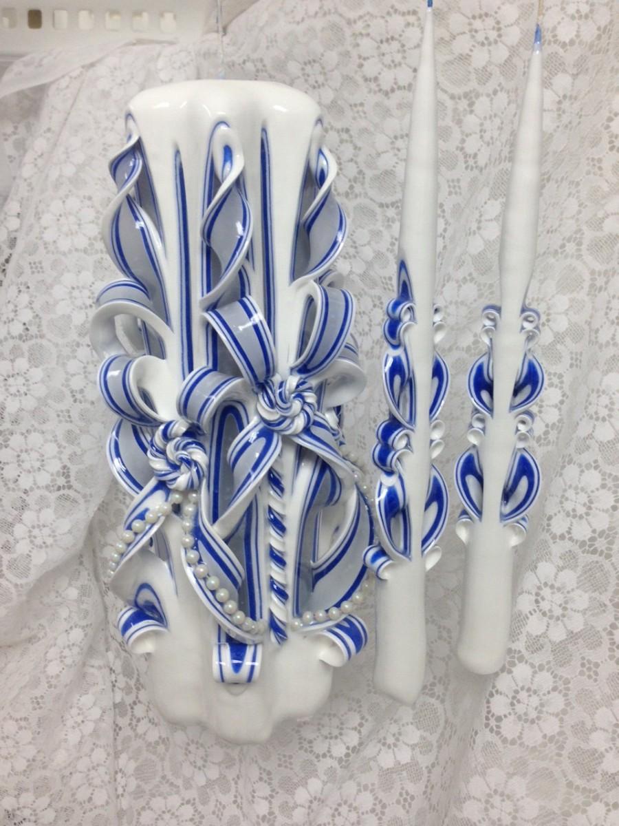 Wedding - Unity Candle 3 piece Set Ribbon candle 12"s tall Royal Blue White Lace Bow Design w/pearls - 11" tapers included, custom colors can be made