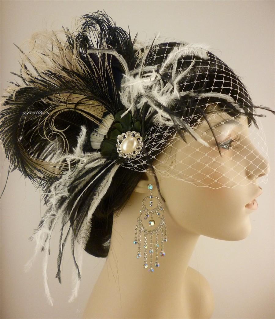 زفاف - Feather Bridal Fascinator, Bridal Fascinator, Fascinator, Hair Clip, Bridal Headpiece, Wedding Veil, Bridal Veil, Victorian Gothic Inspired
