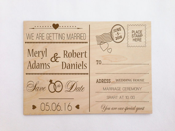 Rustic. Personalised Wedding Invitations Wooden Post-Card Style Vintage