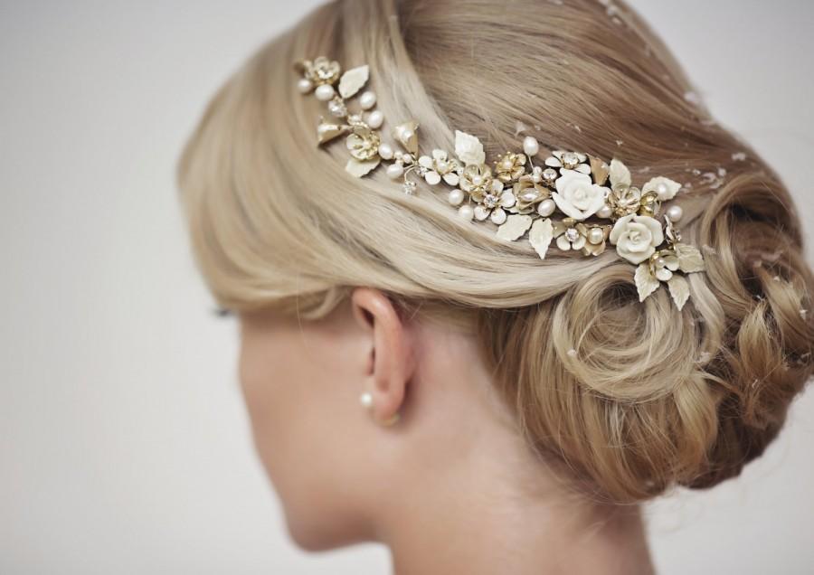 زفاف - Golden Hair Jewelry Hairvine, Gold Crystal Bridal Headpiece, Bridal Headpiece, Rita Gold Hairvine Hair Jewelry #310