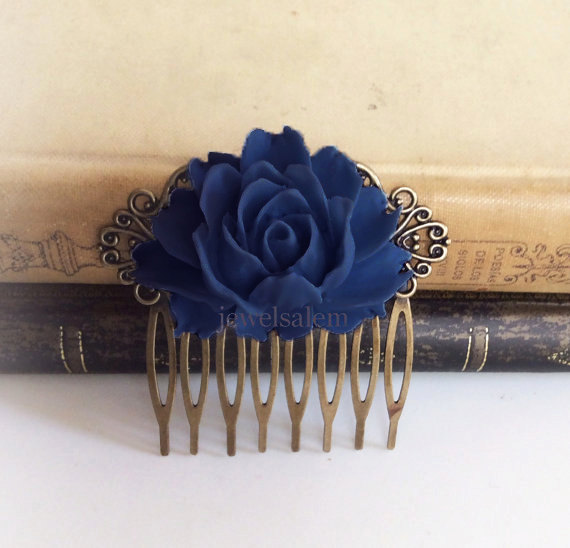 Wedding - Navy Blue Wedding Comb Sapphire Blue Hair Accessories Bridal Big Flower Comb Dark Blue Bridesmaids Hair Slide Gift Large Rose Hair Pin