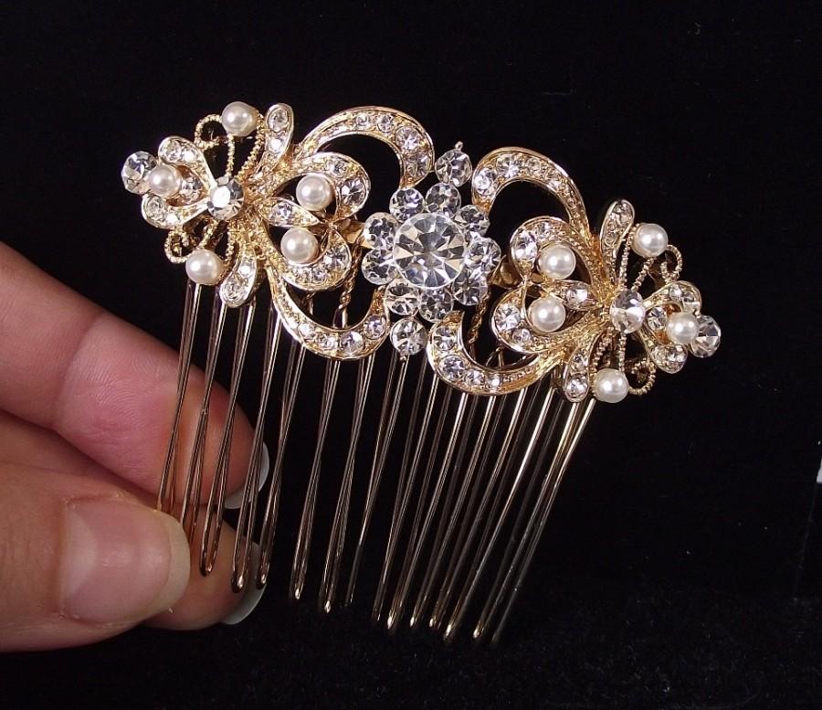 Wedding - Pearl wedding hair comb Gold Bridal Hair Comb crystal & pearl hair comb Gold wedding comb pearl vintage style bridal comb art deco hairpiece