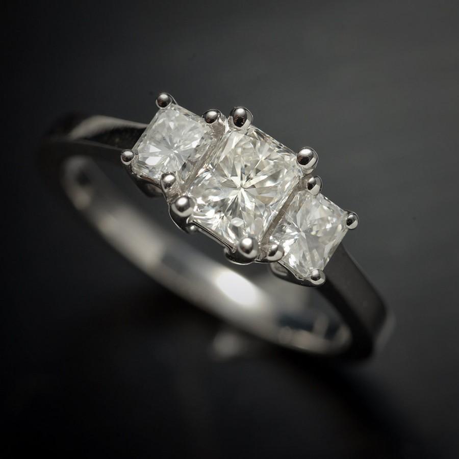 Hochzeit - Three Stone Radiant Diamond Engagement Ring in 18 Karat White Gold, 1 Carat Total Weight