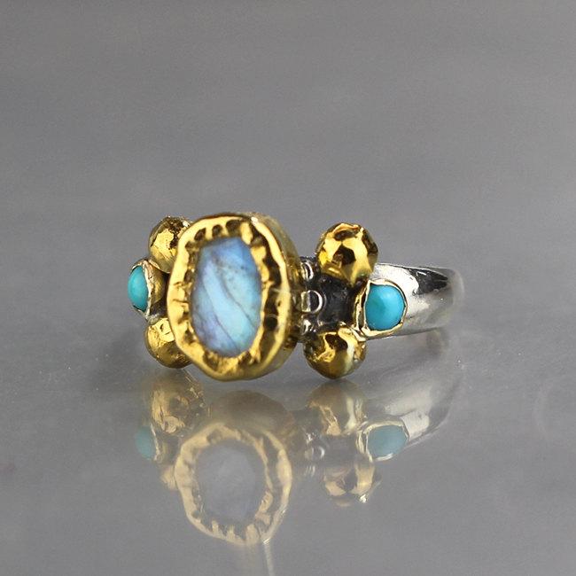 Wedding - Moonstone Wedding Ring, Gold Moonstone Ring, Silver and Gold Ring, Mixed Metal Ring, Multistone Ring, Turquoise Ring, Wearable Art