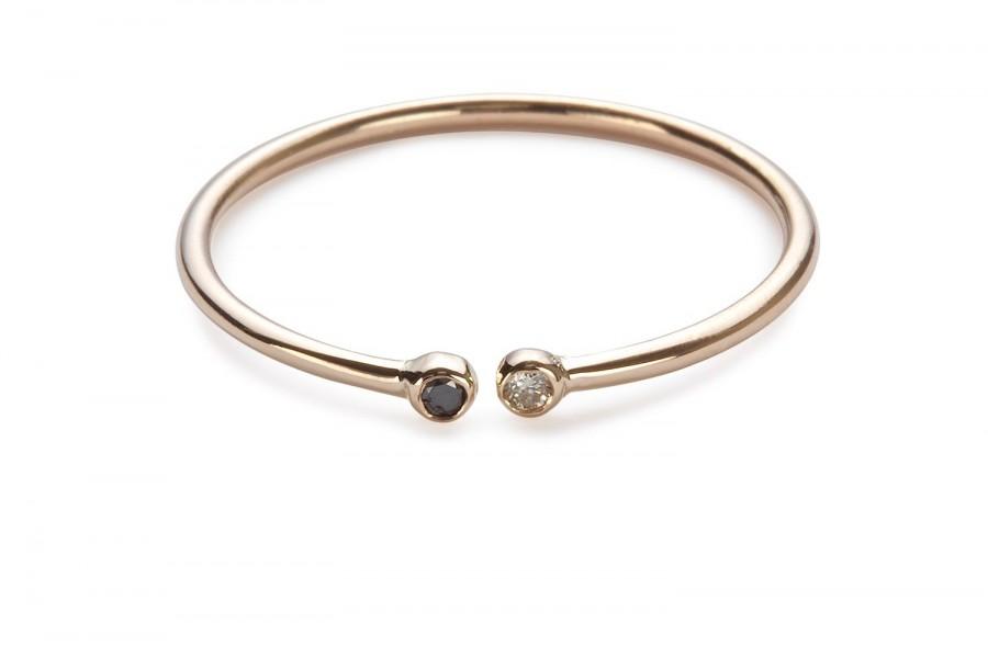 Hochzeit - Dark Meets Light Ring on 14k Rose Gold, White Diamond meets Black diamond, Engagement ring option, thin gold band, minimal ring