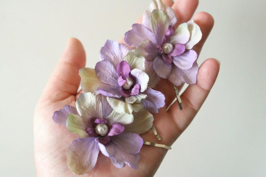 زفاف - Lavender Lilac Hair Flowers with Pearls (3 pcs) Romantic Bridal Flower Hair Clips Bridesmaids Accessories Olive Green Rustic Garden Wedding