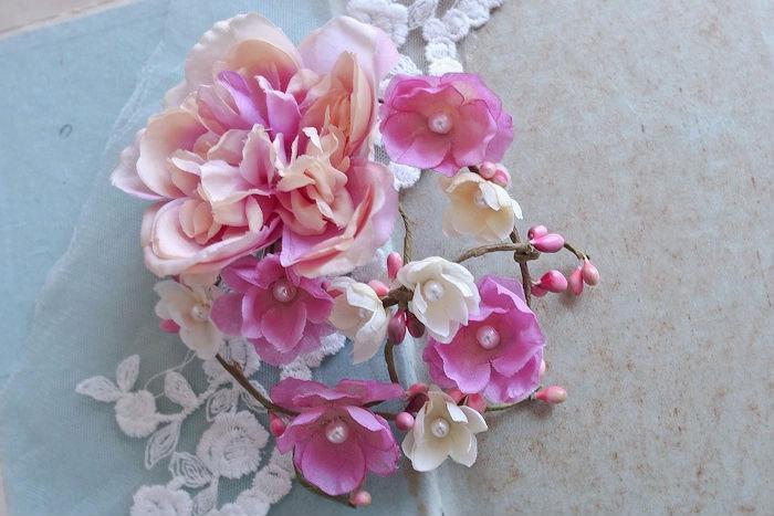 Wedding - Bridal Flower Hair Clip, Bridal Hair Flower, Bridal Hair Accessory, Vintage Pink and Ivory Wedding Headpiece, Rustic Floral Headpiece Pearls