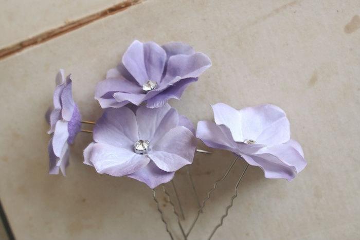Hochzeit - Lavender Flower Hair Pins Wedding Hair Pins Floral Hair Accessories Small Hair Flowers Bridesmaids Gift Lilac Purple Hair Piece - set of 4