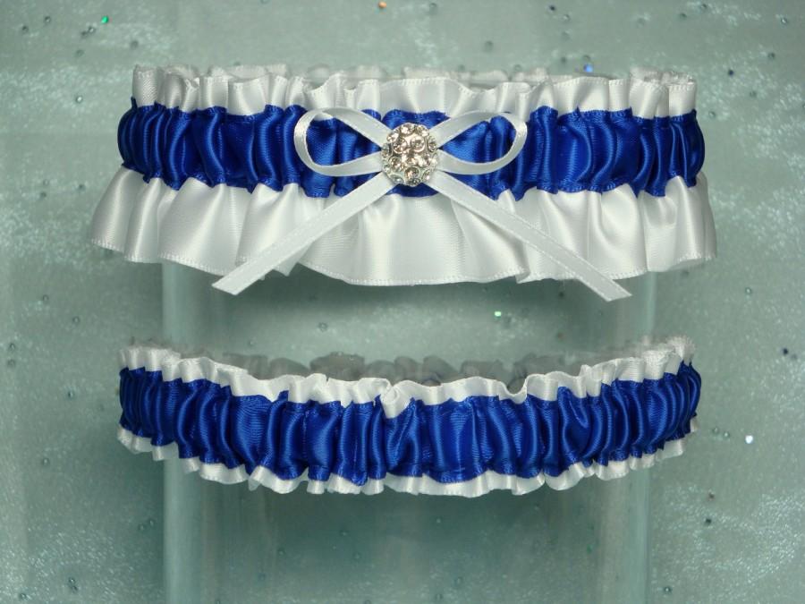 Hochzeit - White and Royal Blue Satin Garter Set