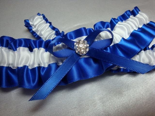 Hochzeit - Royal Blue and White Satin Garter Set