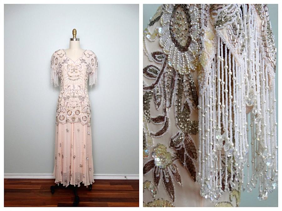Hochzeit - Fringed Pearl Beaded Chiffon Gown // Ivory and Peach Sequin Dress by Neiman Marcus