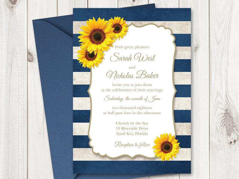 Wedding - Sunflower Wedding Invitation Printable Template with Navy Blue Stripes. Vintage Wedding Invitations. Rustic Wedding DIY Invites, MS Word.