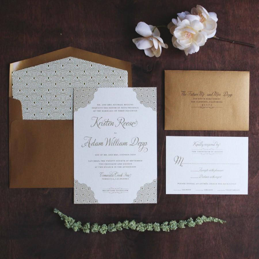 Mariage - Gold Invitation Suite, Art Deco Invitation, Black Tie Wedding, Formal Wedding, Great Gatsby Wedding Invitation, Pearlescent Paper SAMPLE