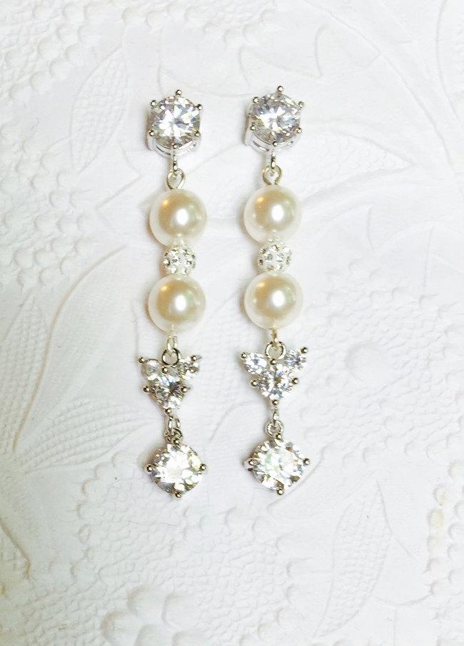 زفاف - Dangling Bridal Earrings,AAA Swarovski Crystal Pearls,Brilliant Cubic Zirconia,STERLING SILVER Posts,Wedding Jewelry,Bridal Accessories