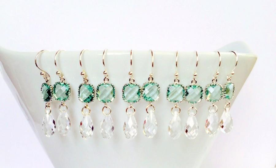 Hochzeit - Bridesmaids Crystal Earrings,SET OF 5,Erinite Green Glass Crystals,AAA Swarovski Teardrop Briolettes,Sterling Silver French Earrings