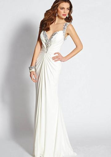 Mariage - Straps White Open Back Beading Chiffon Ruched Floor Length