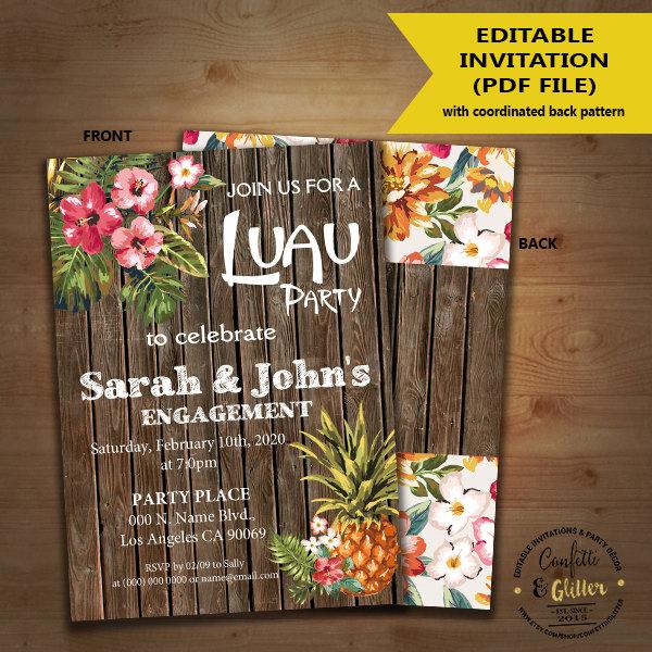 Hochzeit - Engagement Luau Invitation Aloha Hawaiian flowers wood pineaple bridal shower invite DIY editable printable customizable invitation 5112