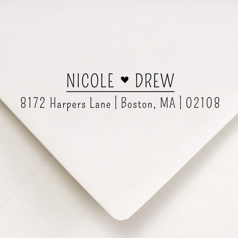 زفاف - Address stamp with heart between names in printed tall font - Nicole and Drew Design