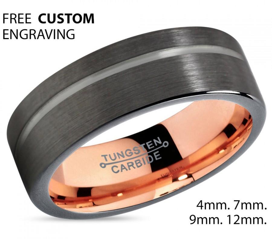 Hochzeit - GUNMETAL Black Tungsten Ring Rose Gold Wedding Band Ring Tungsten Carbide 7mm 18K Tungsten Man Wedding Band Male Women Anniversary Matching