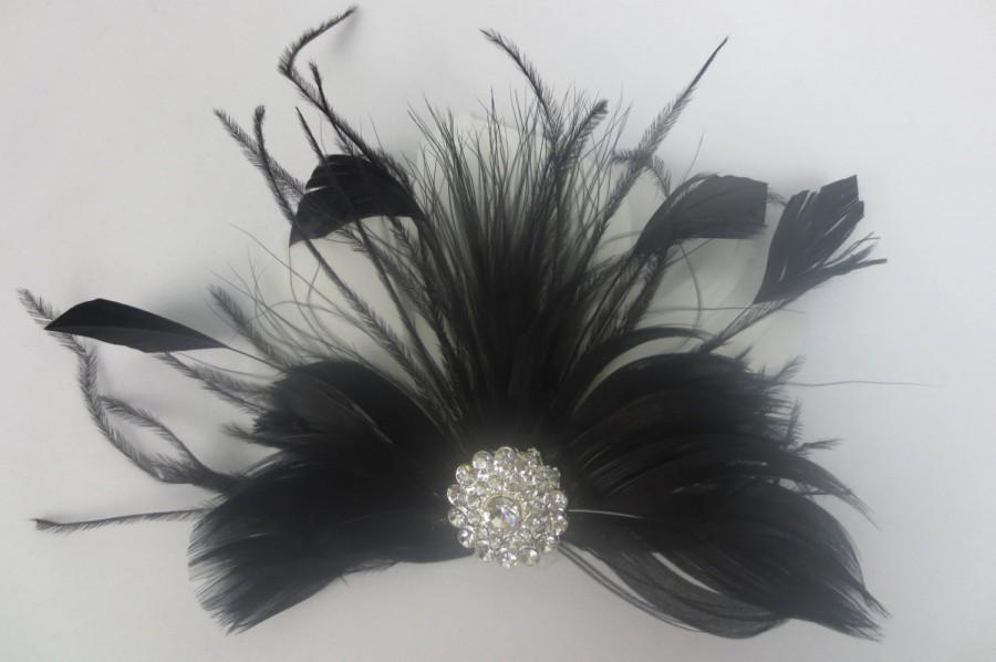 Свадьба - Womens Wedding Party Ivory Black Feather Rhinestone Jewel Netting Hair Clip, Bridal Head Piece