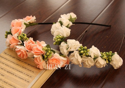 Wedding - Ivory Pink Artificial Rose Flowers Garland Wedding Party Headband Bridal Hair Decoration