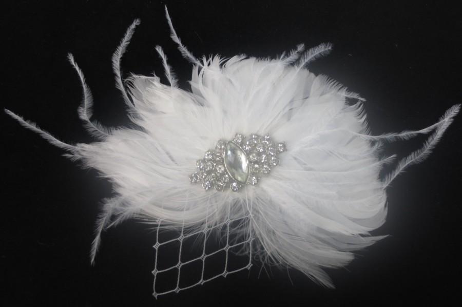 زفاف - Womens Wedding Party Ivory Feather Rhinestone Jewel Netting Hair Clip, Bridal Head Piece