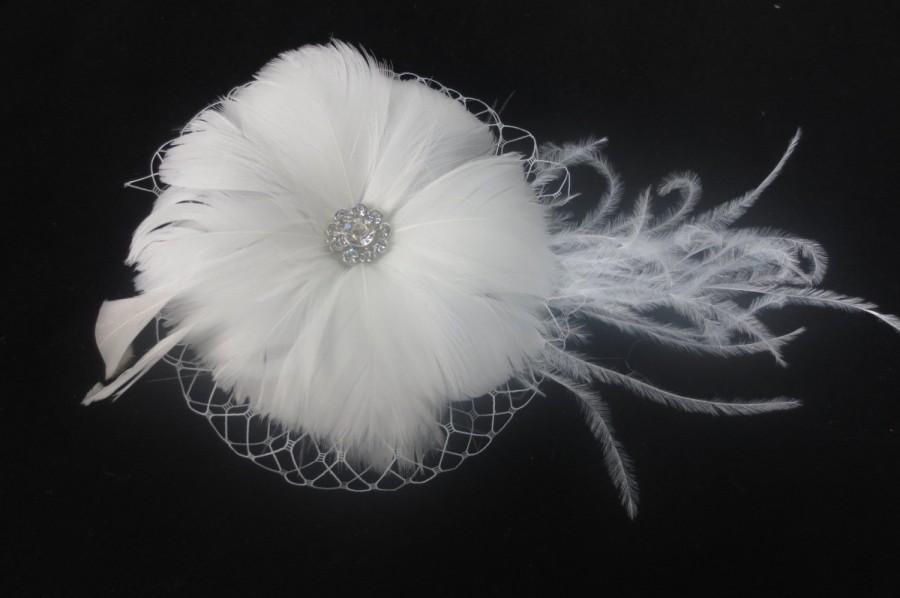 زفاف - Womens Wedding Party Ivory Feather Rhinestone Jewel Netting Hair Clip, Bridal Head Piece