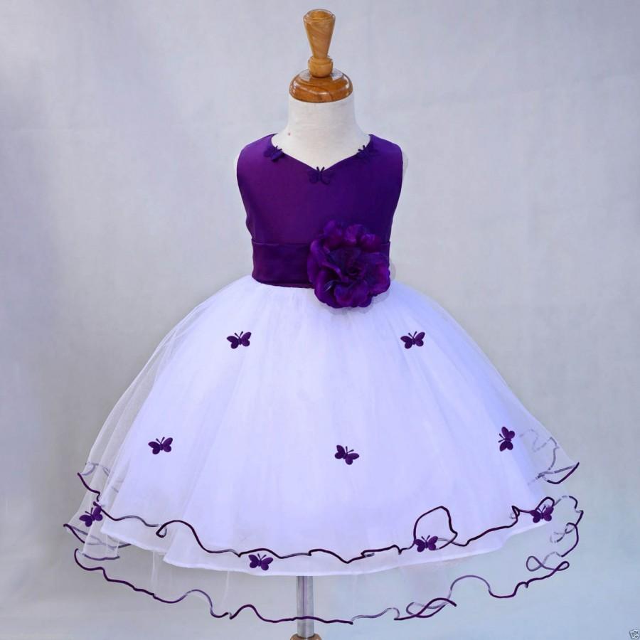 زفاف - White Purple Flower Girl Butterflies tulle dress 20 color sash pageant wedding bridal recital children toddler size12-18m 2 4 6 8 10  