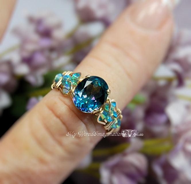 Wedding - Peacock Blue Mystic Topaz Wire Wrapped Ring Rainbow Mystic Topaz Ring Fine Jewelry November Birthstone Unique Engagement Gift