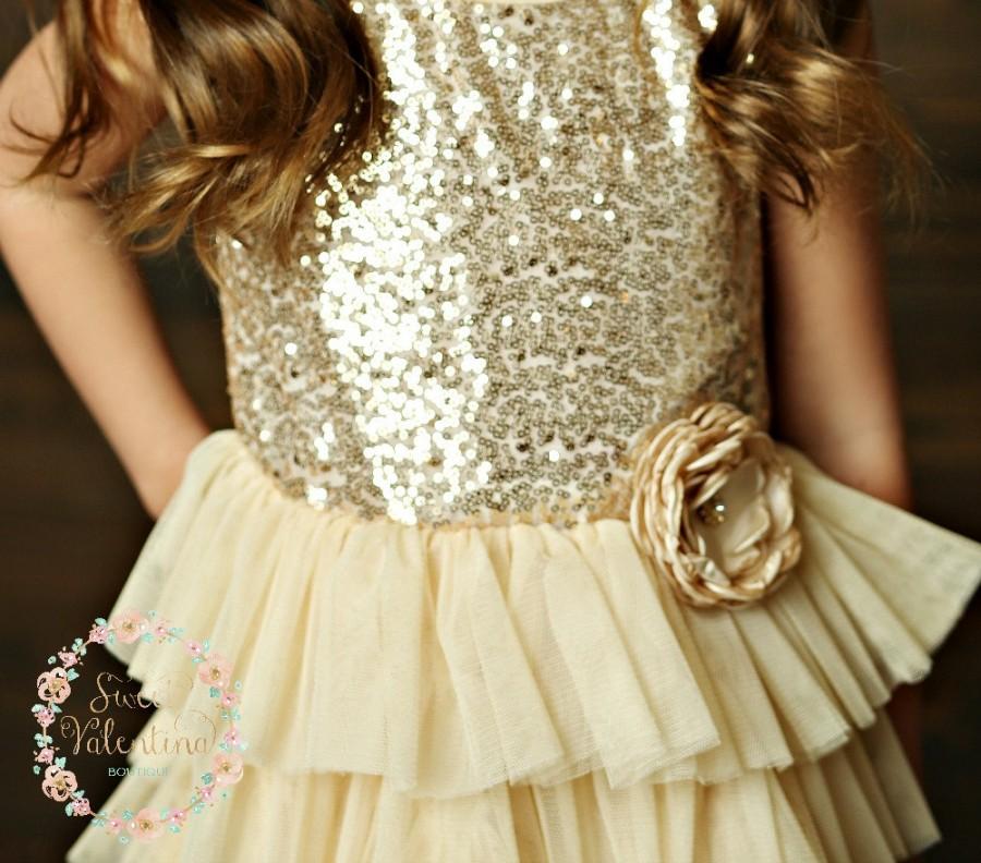 Hochzeit - Gold Flower girl dress/Ivory and gold dress/Rustic Flower girl dress/Gold Tulle Dress ,Gold Sparkle Dress,Sequin Girls Dress,Sparkly Dress,