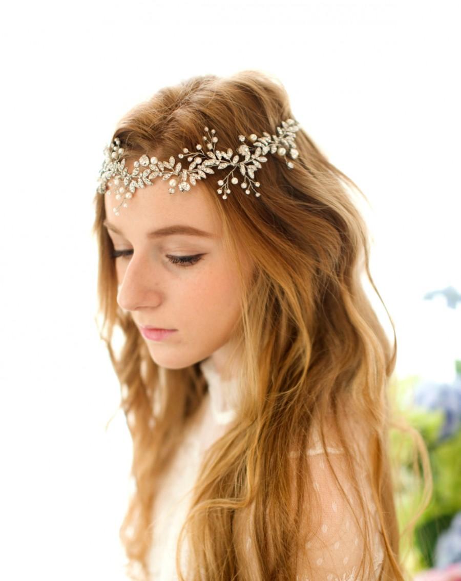 Wedding - Floral hair vine, wedding headband, bridal headpiece, Wedding halo, Pearl  rhinestone headband, Ribbon, Gold , Silver Nature inspired