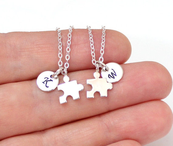 Hochzeit - Set of Gold or Silver Best Friends, Puzzle Piece Necklaces, Silver BFF Puzzle Piece Charms, Initial Necklace,Personalized Stamped Initial