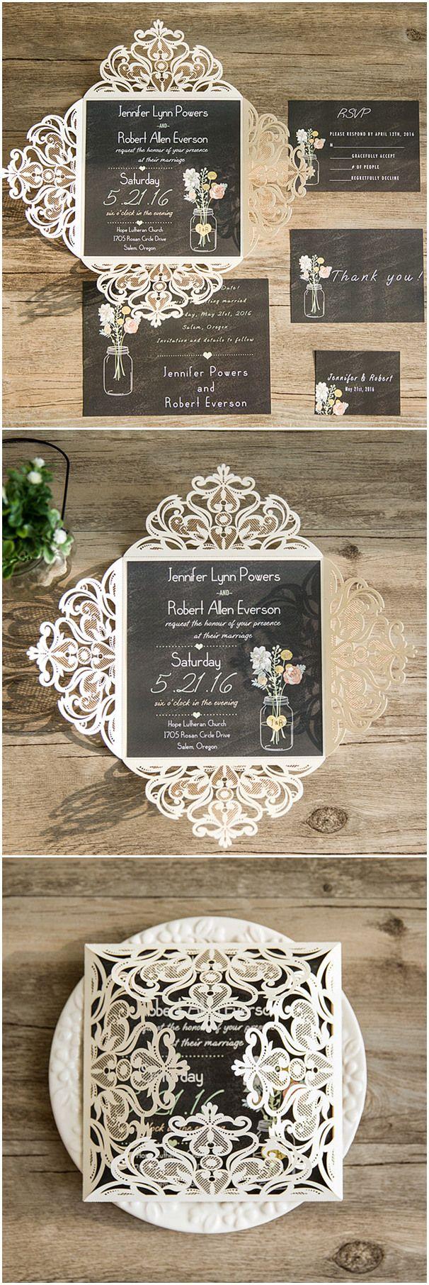 زفاف - Ivory Laser Cut Chalkboard Masion Jar Rustic Wedding Invitations EWWS089
