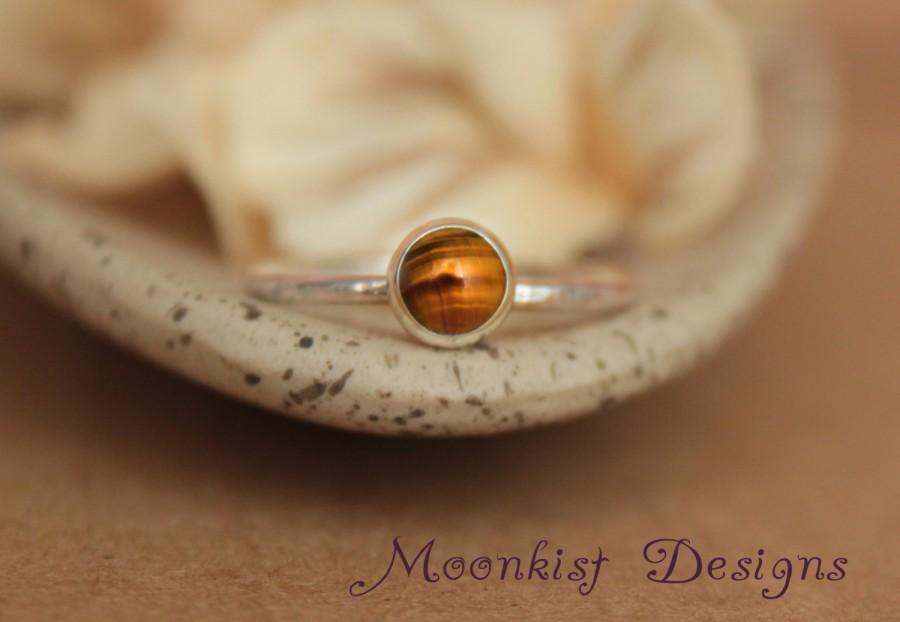 Mariage - Delicate Tiger Eye Promise Ring - Unique Bezel-Set Solitaire in Sterling - Tiger-Eye Engagement Ring or Commitment Ring - Bridesmaid Ring