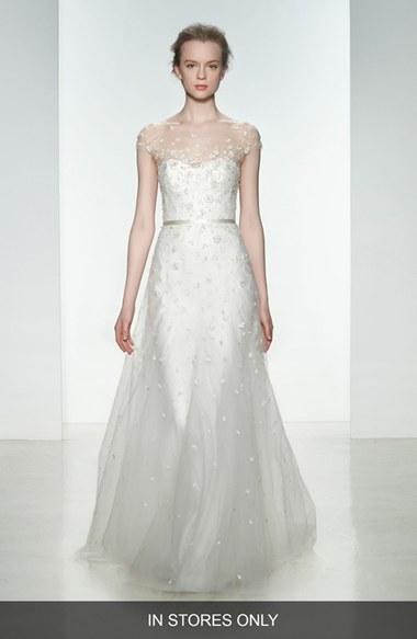 Wedding - Women's Christos Bridal 'Ellie' Embellished Illusion Neck Tulle Gown, Size IN STORE ONLY - Ivory (In Stores Only)